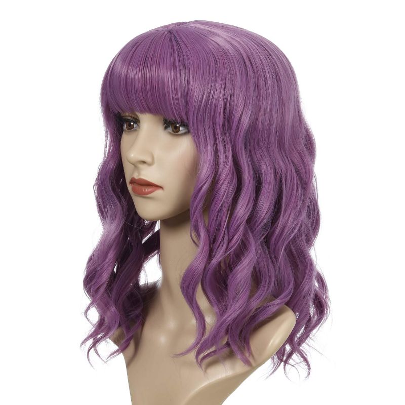 Photo 1 of GORWAVCI Wavy Wig Shoulder Length Short Bob Wigs With Bangs Curly Wavy Synthetic Cosplay Colorful Costume Wig For Girl Women
