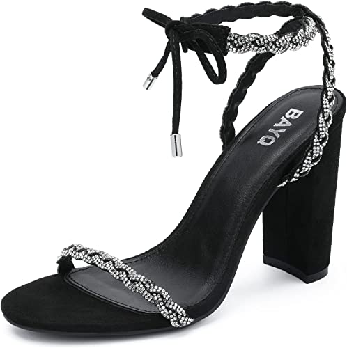 Photo 1 of BayQ size 10 Womens Open Toe Heeled Sandals - Lace up 4 Inch Black Chunky heels for Women Rhinestone Strappy Cross-tie Single Band Heels