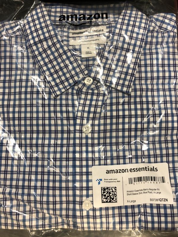 Photo 2 of Amazon Essentials Men's Regular-Fit Short-Sleeve Poplin Shirt X-Large Blue, Plaid