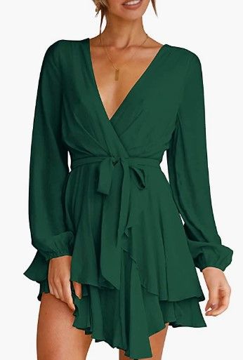 Photo 1 of Cosonsen Women's Dress Deep V-Neck Long Sleeve Waist Tie Ruffle Mini Swing Skater Dresses 2X
