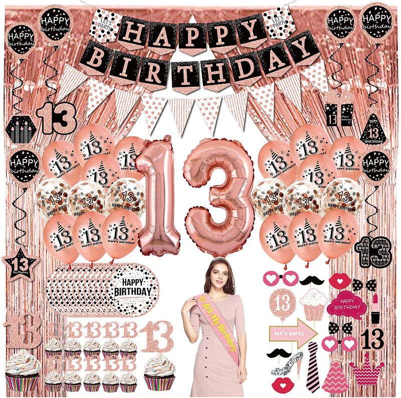 Photo 1 of 13th Birthday Decorations for Girls - (76pack) Rose Gold Party Banner, Pennant, Hanging Swirl, Birthday Balloons, Foil Backdrops, Cupcake Topper, Plates, Photo Props,Sash,13th Birthday Gifts for Girl
