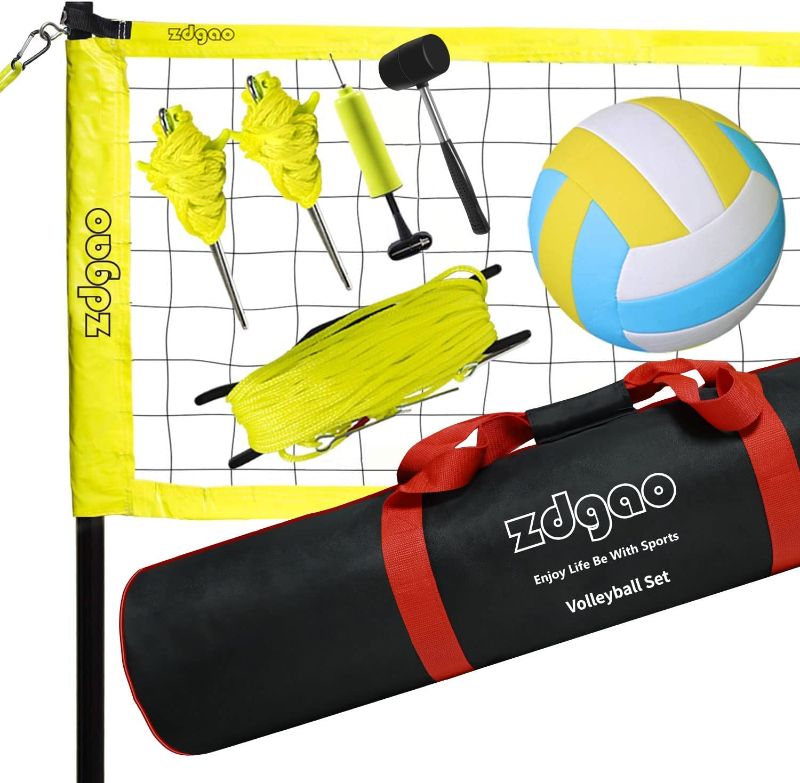 Photo 1 of Zdgao Outdoor Portable Volleyball Net System - Adjustable Height Poles with Soft Volleyball Ball, Pump, Boundary Line, and Carry Bag for Backyard, Beach, Lawn
