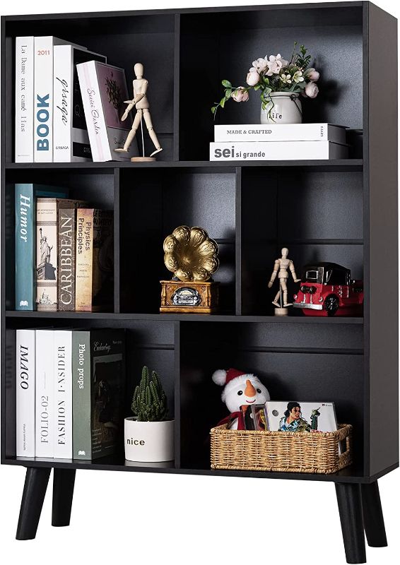 Photo 1 of Black Bookshelf,3 Tier Modern Bookcase with Legs,Bookshelves Wood Storage Shelf,Rustic Open Book Shelves Cube Organizer,Free Standing Display Short Bookcases for Small Space,Bedroom,Living Room,Office
