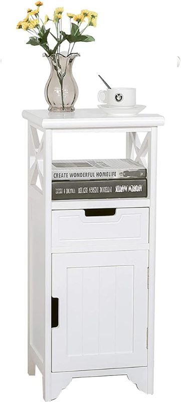 Photo 1 of Assembled End Table with Drawer and Doors, 30" High Floor Standing Storage Cabinet with Shelf for Bathroom, Solid Wood Side Table/Nightstand Fully Assembled for Bedroom -White
