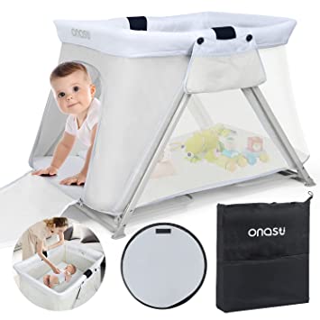 Photo 1 of Portable Playard with Bassinet Insert for Babies Activity Indoor Outdoor Onasti Playpen with UPF Sunshade Folding Compact for Family Travel Beach Light Grey Themed
