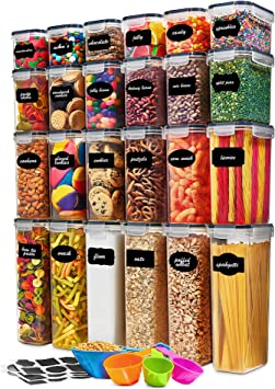 Photo 1 of 24 Pack Airtight Food Storage Container Set - BPA Free Clear Plastic Kitchen and Pantry Organization Canisters with Durable Lids for Cereal, Dry Food Flour & Sugar - Labels, Marker & Spoon Set
