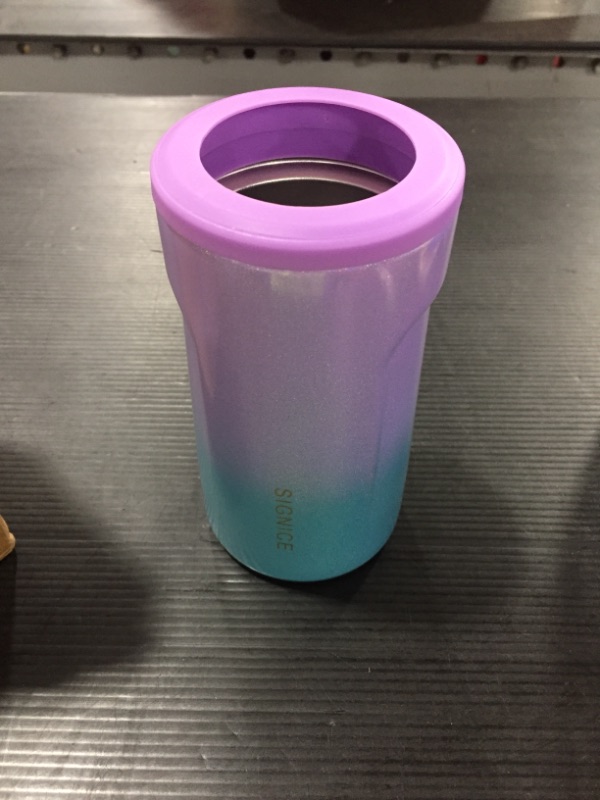 Photo 2 of 3-IN-1 Insulated Can Cooler - Signice Double Walled Vacuum Insulator Stainless Steel Slim Can Cooler for 12 Oz Skinny Tall Can / Standard Regular Can / Beer Bottle (Glitter Purple Blue)
