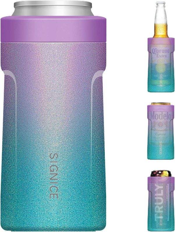 Photo 1 of 3-IN-1 Insulated Can Cooler - Signice Double Walled Vacuum Insulator Stainless Steel Slim Can Cooler for 12 Oz Skinny Tall Can / Standard Regular Can / Beer Bottle (Glitter Purple Blue)
