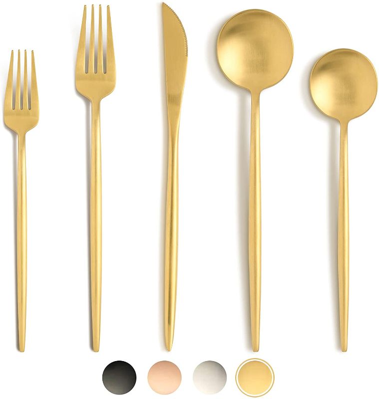 Photo 1 of BirdyFly Gold Silverware Set, 20 Piece Stainless Steel Flatware Set Service for 4, Matte Gold Cutlery Set, Include Knives/Forks/Spoons, Dishwasher Safe
