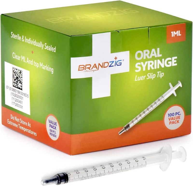 Photo 1 of 
1ml Oral Syringe - 100 Pack – Luer Slip Tip, No Needle, Sterile Individually Blister Packed - Medicine Administration for Infants, Toddlers and Small Pets
