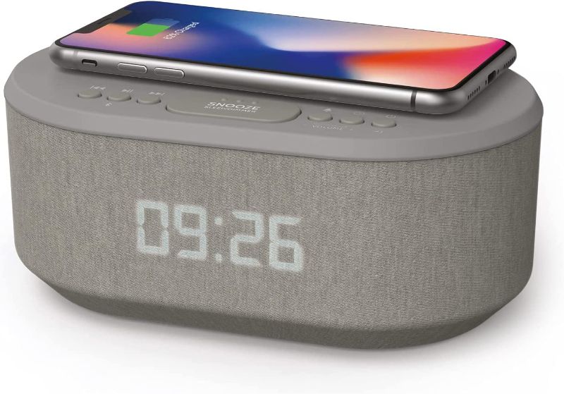 Photo 1 of Bedside Radio Alarm Clock with USB Charger, Bluetooth Speaker, QI Wireless Charging, Dual Alarm Dimmable LED Display (Grey)