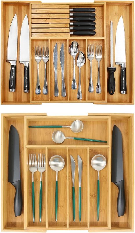 Photo 1 of Bamboo Silverware Tray for Drawer, Expandable Utensils Drawer Organizer, Cutlery Dividers, 5-7 Compartments