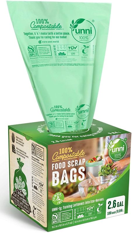 Photo 1 of (6 PACK) UNNI 100% Compostable Bags, 2.6 Gallon, 9.84 Liter, 100 Count, Extra Thick 0.71 Mil, Samll Kitchen Food Scrap Waste Bags, ASTM D6400, US BPI and Europe OK Compost Home Certified, San Francisco
