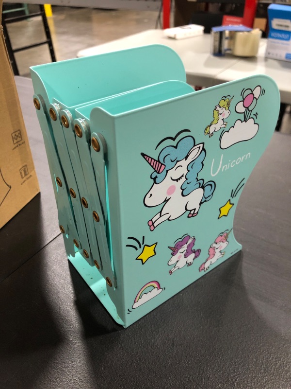 Photo 2 of Adjustable Unicorn Bookends, Folding Cartoon Student Metal Book Racks, Kids Bookends, Book Holder for Heavy Books, Magazine File Book Stands, Desktop Organizer, Room, Library, Office (Blue)
