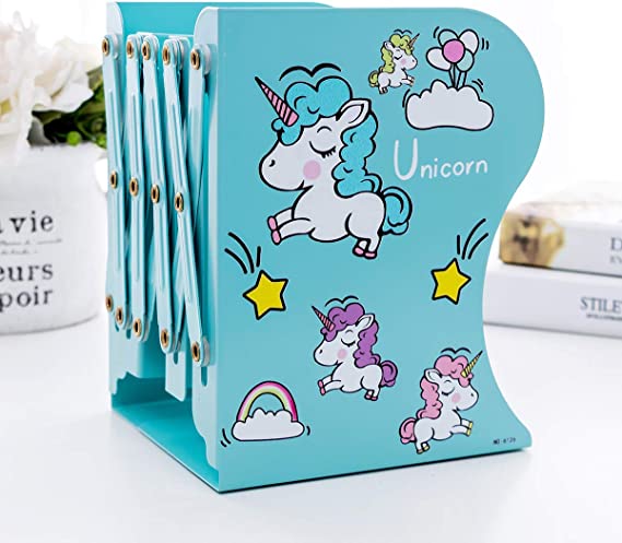 Photo 1 of Adjustable Unicorn Bookends, Folding Cartoon Student Metal Book Racks, Kids Bookends, Book Holder for Heavy Books, Magazine File Book Stands, Desktop Organizer, Room, Library, Office (Blue)
