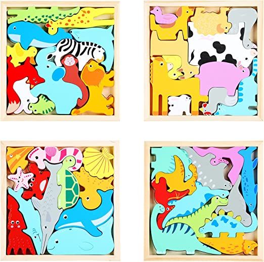 Photo 1 of 4 Pack Wooden Puzzles for Kids Ages 3-5, Chunky Jigsaw Animals Dinosaurs Blocks Puzzle Stacking and Balancing Toys, Early Learning Preschool Montessori Educational Toys Gifts for Boys Girls (Style 1)
