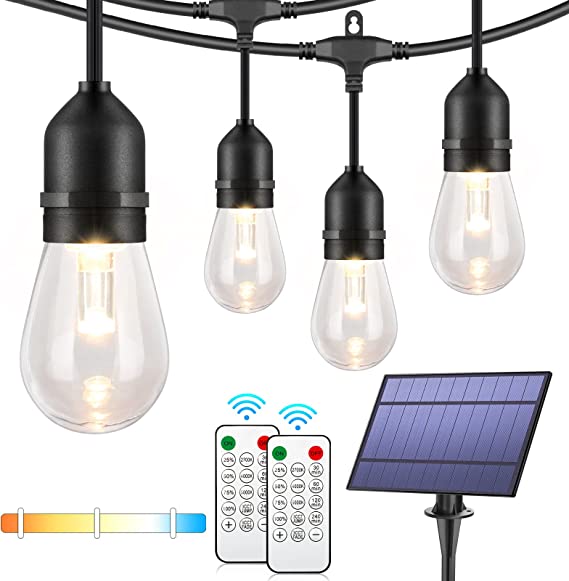 Photo 1 of 3-Color in 1 Dimmable Solar String Lights Outdoor,48ft LED Patio String Lights with Remotes,15 Hanging Sockets,Waterproof Shatterproof,Warm White Daylight White Lights for Backyard,Garden
