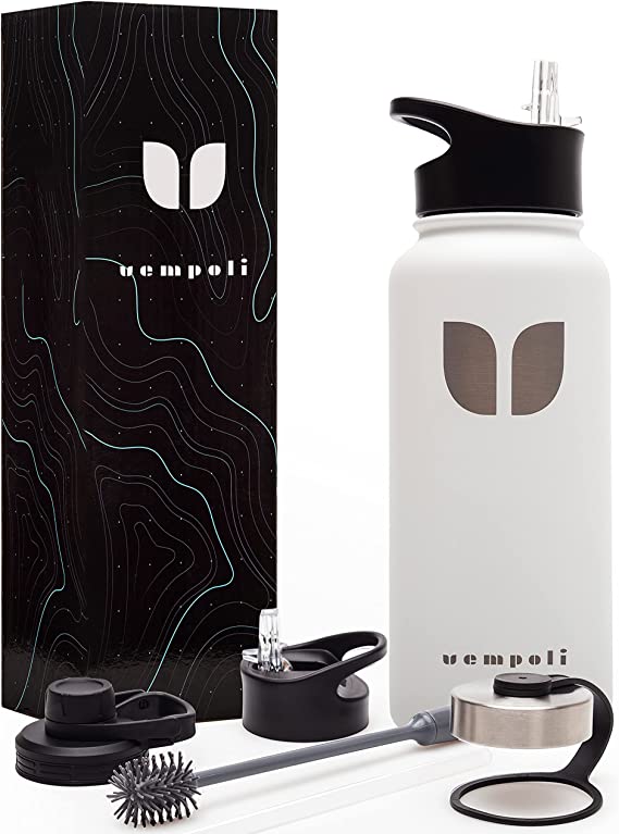 Photo 1 of VEMPOLI Sports Water Bottle -32 Oz, Vacuum Insulated Stainless Steel, 3 Lids(Straw Lid), Silicone Cleaning Brush, Modern Double Wall, Simple Thermo Mug (White)
