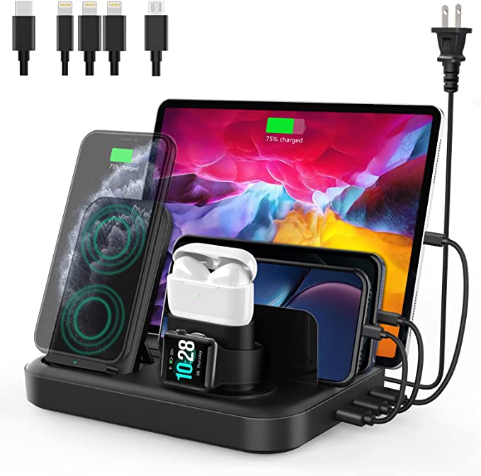 Photo 1 of seenda Wireless Charging Station for Multiple Devices - 6 in 1 USB Charging Dock Built-in AC Adapter with 10W Max Wireless Charger Stand and 5 USB Ports for iPhone, iPad, Android, Apple Watch, AirPods
