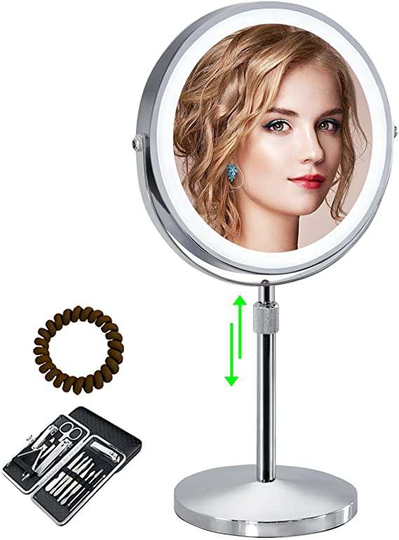 Photo 1 of Lighted Makeup Mirror with 3 Color Lights, Height Adjustable,10x Rechargeable Magnifying Mirror with Light,Light Up Mirror with Magnification,Led Cosmetic Vanity Mirror with Touch Control,Chrome
