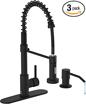 Photo 1 of Casavilla Kitchen Faucet Set, Black Kitchen Sink Faucets with Pull Down Sprayer and Soap Dispenser, Single Handle Stainless Steel Faucets for Kitchen Sinks, Farmhouse Kitchen Faucets with Deck Plate
