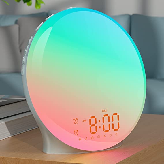 Photo 1 of ONLYCARE Sunrise Alarm Clock , Wake Up Light with Sunlight Simulation for Heavy Sleepers, 8 Natural Sounds & FM Radio, 15 Lights, Snooze, Gentle Dual Alarms Daylight LED Digital Lamp for Kids
