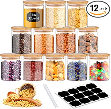 Photo 1 of BGraceyy Glass Jars with Bamboo Lids Airtight Wooden Lid Storage Containers 14 oz, 12PACK Modern Clear Glass Canister with Bamboo Lid for Coffee, Spice, Candy, Cookie, Tea,Canister for Kitchen Counter
