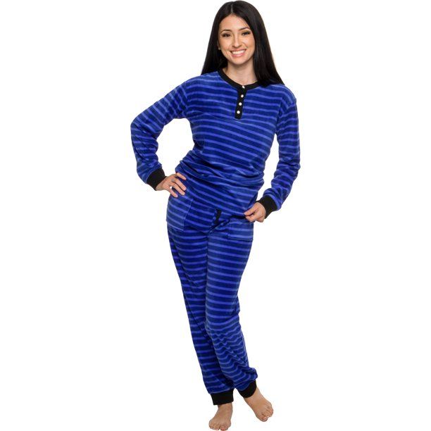 Photo 1 of Silver Lilly - Women's Pajama 2 Piece Set - Soft Fleece Loungewear - Striped PJs - Blue -Small
