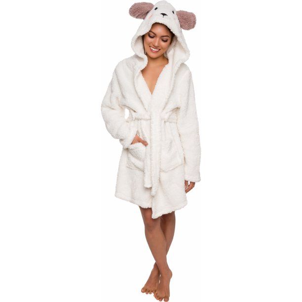 Photo 1 of Animal Hooded Robe - Plush Short Lamb Bathrobe by Silver Lilly (Tan/White, L)
