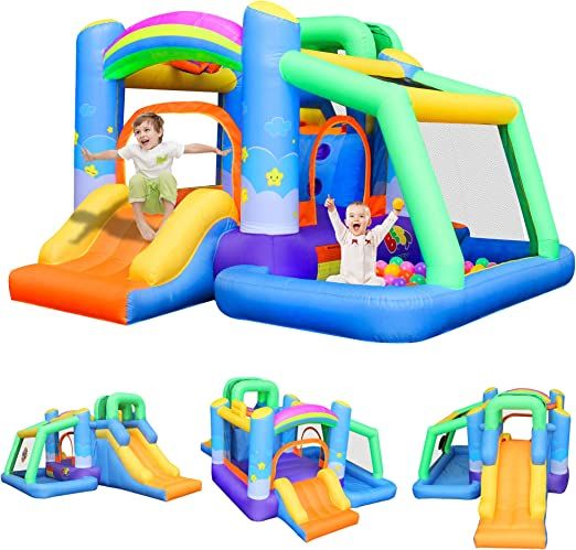 Photo 1 of BESTPARTY Bounce House, Inflatable Bouncer with Blower Rainbow Theme, Bouncy House for Kids 5-12 Outdoor
