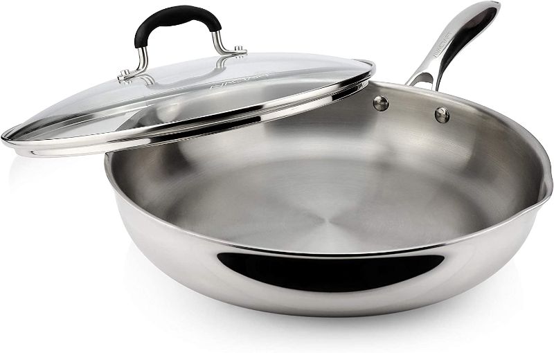 Photo 1 of AVACRAFT 18/10 12 Inch Stainless Steel Frying Pan with Lid, Side Spouts, Induction Pan, Versatile Stainless Steel Skillet, Fry Pan in our Pots and Pans, Cooking Pan (Tri-Ply Stainless Steel, 12 Inch)
