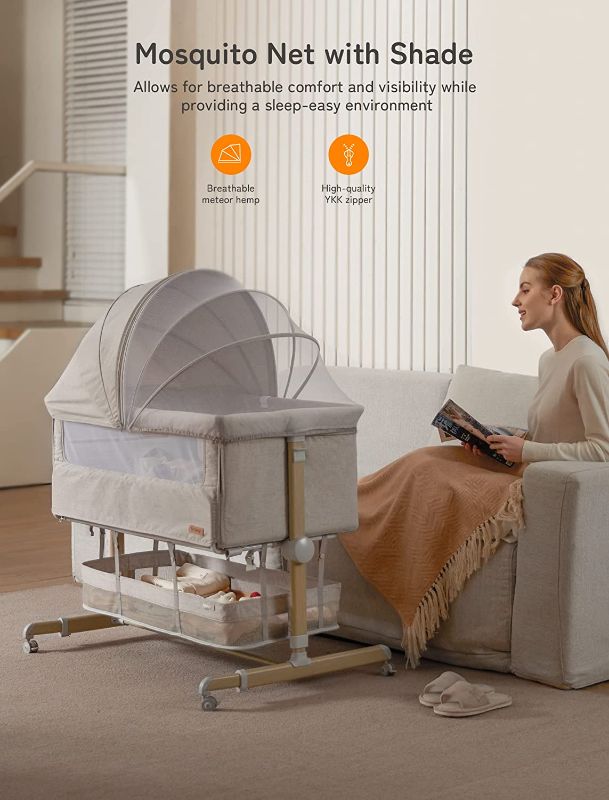 Photo 1 of Baby Bassinet Bedside Sleeper, besrey Bedside Bassinet for Newborn Infant with Comfy Mattress, 9 Height Positions, Adjustable Bedside Crib with 360° Swivel Wheels Bassinet for Baby with Storage Basket
