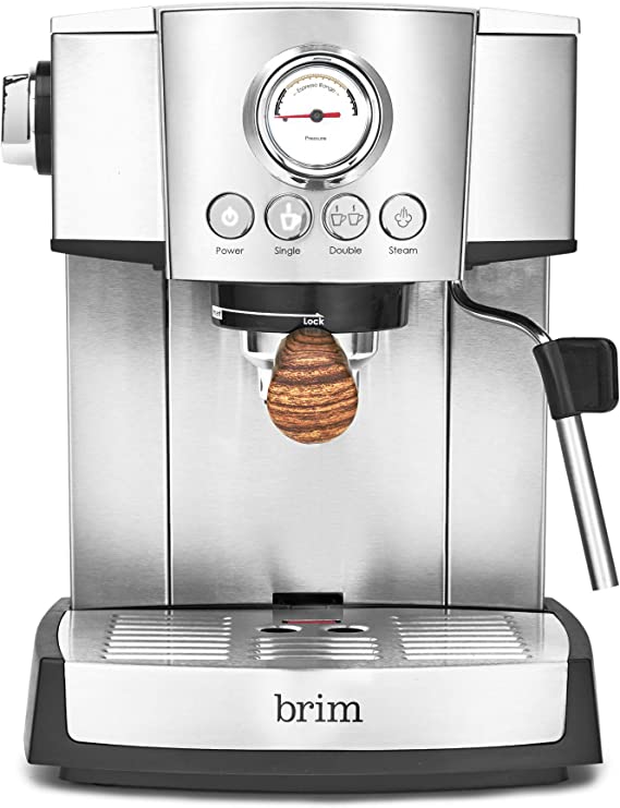 Photo 1 of brim 15 Bar Espresso Machine, Cappuccino, Americano, Latte and Espresso Maker, Milk Steamer and Frother, Removable Parts for Easy Cleaning, Stainless Steel/Wood Accents, wood finish handle (50030)
