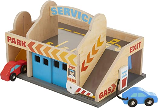 Photo 1 of Melissa & Doug Service Station Parking Garage With 2 Wooden Cars and Drive-Thru Car Wash
