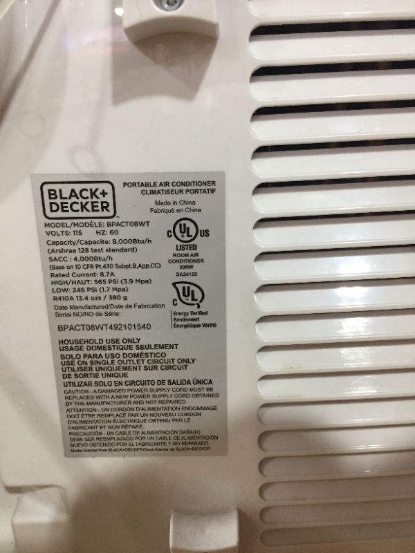 Photo 4 of BLACK+DECKER 8,000 BTU Portable Air Conditioner with Remote Control, White
