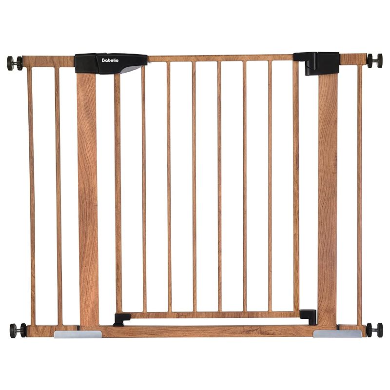 Photo 1 of Babelio Metal Baby Gate with Wood Pattern, 29-40" Easy Install Pressure Mounted Dog Gate, No Drilling, No Tools Required, Ideal for Stairs and Doorways, with Wall Protectors and Extenders