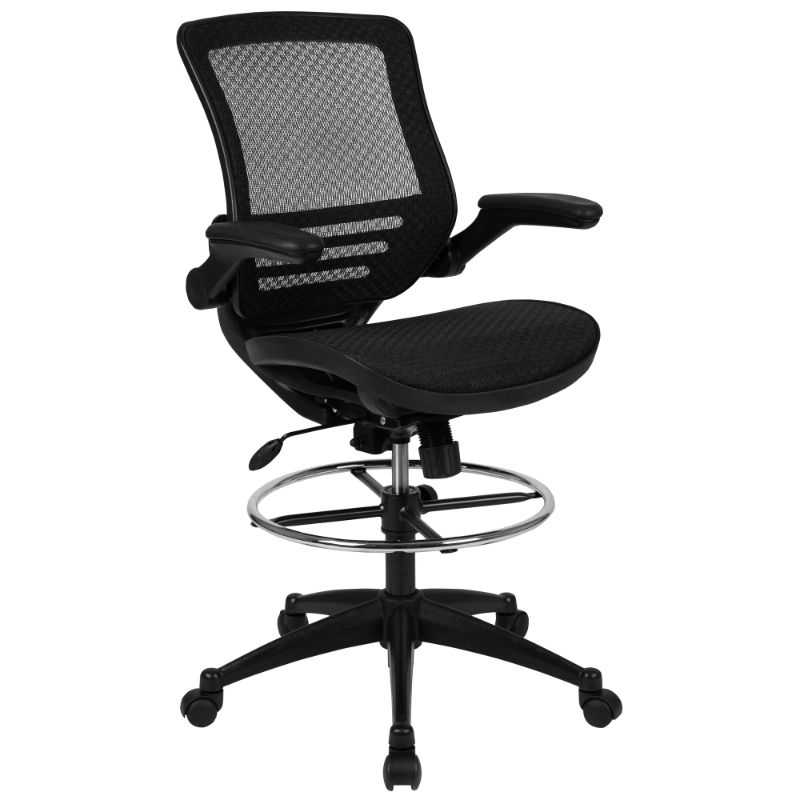 Photo 1 of Flash Furniture Mid-Back Transparent Black Mesh Drafting Chair with Black Frame and Flip-Up Arms
