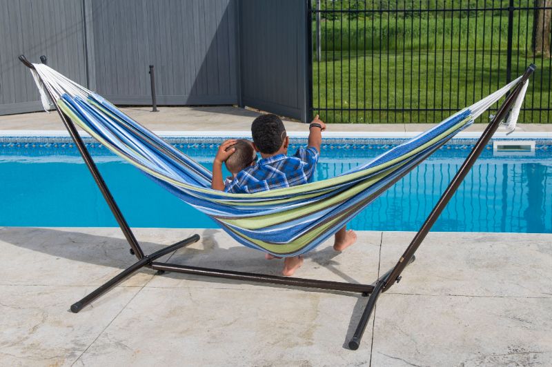 Photo 1 of 110 Blue and Green Striped Brazilian Style Hammock with a Steel Hammock Stand - All
