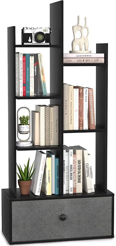 Photo 1 of Unikito Bookshelf with Drawer, Free Standing Bookcase with Storage, Open Book Shelf Organizer, Industrial 7 Open Book Shelves, Display Wood Book Case for Bedroom, Living Room, Home Office, Black