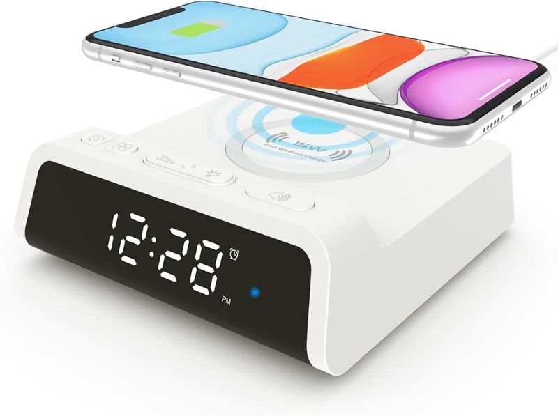 Photo 1 of Alarm Clock with 15W Fast Wireless Charging Pad, Snooze Alarm Clock with 4 Brightness 12/24H,Compatible with iPhone,Galaxy, Samsung,LG,Android,AirPods Wireless Charger for Bedroom,Additional USB Port