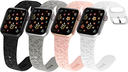 Photo 1 of ?4Pack?REALSIGN Spring Floral Engraved Silicone Band Compatible With Apple Watch 38mm 40mm 41mm 42mm 44mm 45mm for Women Men,Wildflowers Laser Printed Soft Silicone Sport Wristbands Replacement Strap with Classic Clasp for iWatch Series SE 7 6 5 4 3 2 1