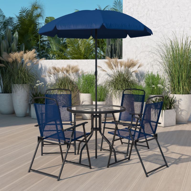 Photo 1 of Activating these thumbnails will change the main image below
Nantucket 6 Piece Navy Patio Garden Set with Umbrella Table and Set of 4 Folding Chairs