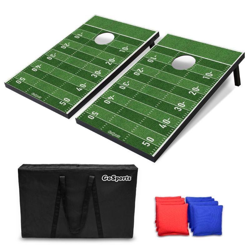 Photo 1 of GoSports Football Cornhole Set | Customize with Your Team's Decals | Includes 2 Boards, 8 Bean Bags & Case - Green - 3' X 2'
