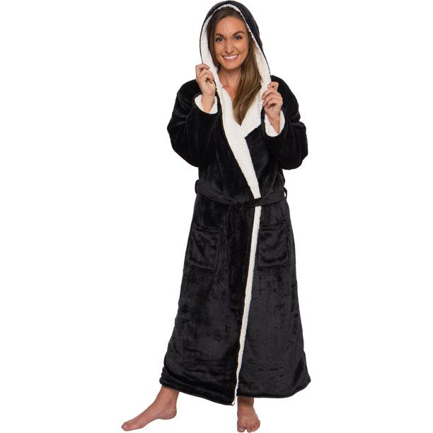 Photo 1 of Silver Lilly Womens Sherpa Lined Fleece Robe with Hood - Full Length Warm Plush Luxury Bathrobe (Black, Large-X-Large)
