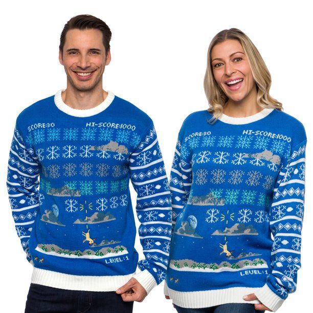 Photo 1 of FUNZIEZ! Ugly Christmas Sweater Space Invader Long Sleeve Novelty Costume Blue - LARGE
