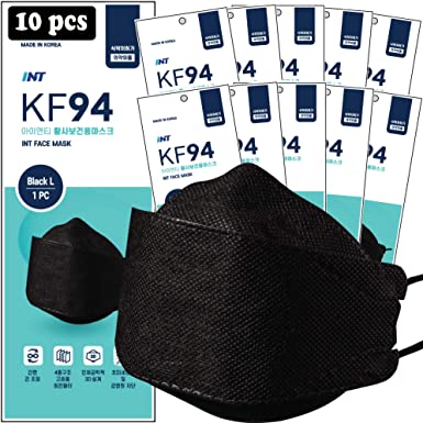 Photo 1 of  10 Pack,made in Korea ? INT BLACK KF94 Certified, 4-Layered Face Safety, Patented Adjustable Earloop, FDA Registered Device, Individually Sealed Package"MADE IN KOREA"
