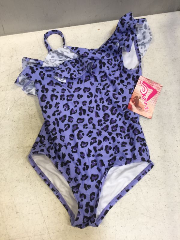 Photo 2 of Kanu Surf Girls' Morgan Floral Ruffle 1-Shoulder 1-Piece Swimsuit, Beach Leopard Purple, 8
size 8