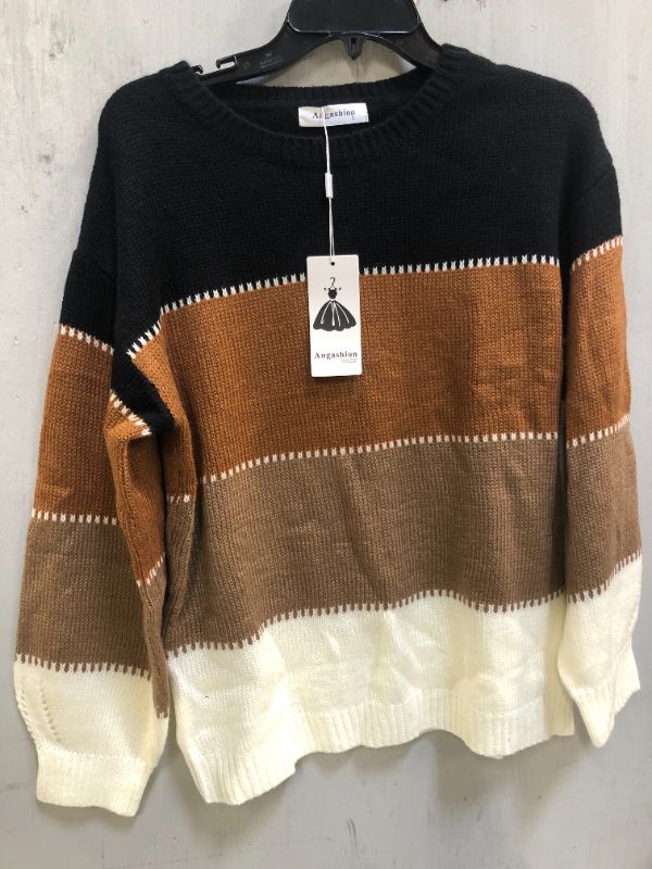 Photo 2 of Angashion Women's Sweaters Casual Long Sleeve Crewneck Color Block Patchwork Pullover Knit Sweater Tops ( SIZE SMALL) 
