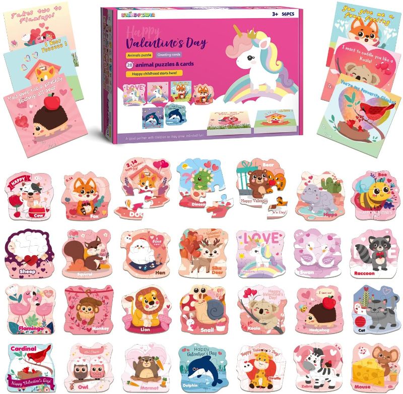 Photo 1 of Valentine's Day Greeting Cards With Animal Jigsaw Puzzles Kit For Kids,28 pack Bulk for School Classroom Gift Exchange, Prizes For Kids Class Events,Kids Valentines Party Favor Supplies
