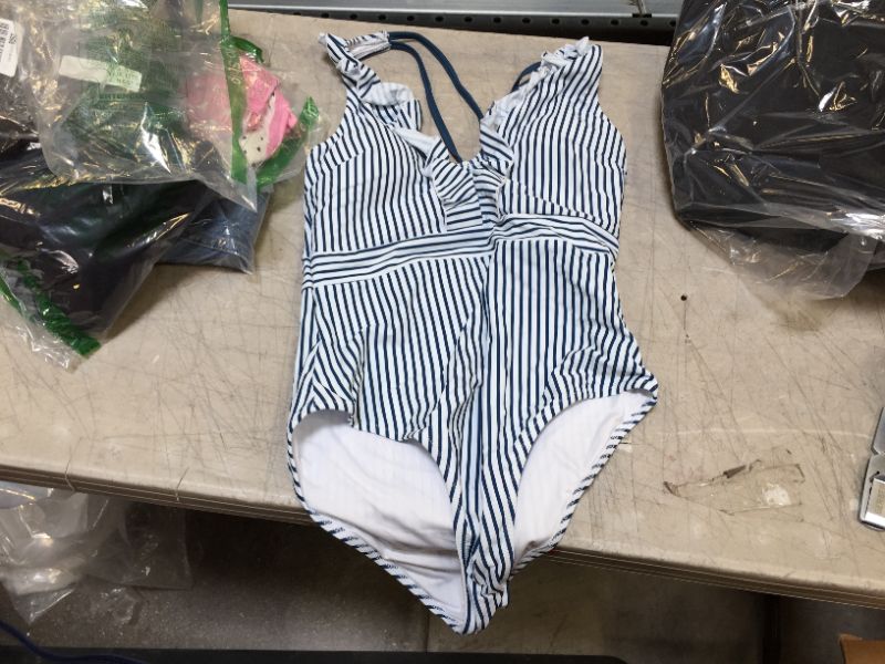 Photo 2 of Cupshe Women's Blue Striped Ruffled One Piece Swimsuit (XL)